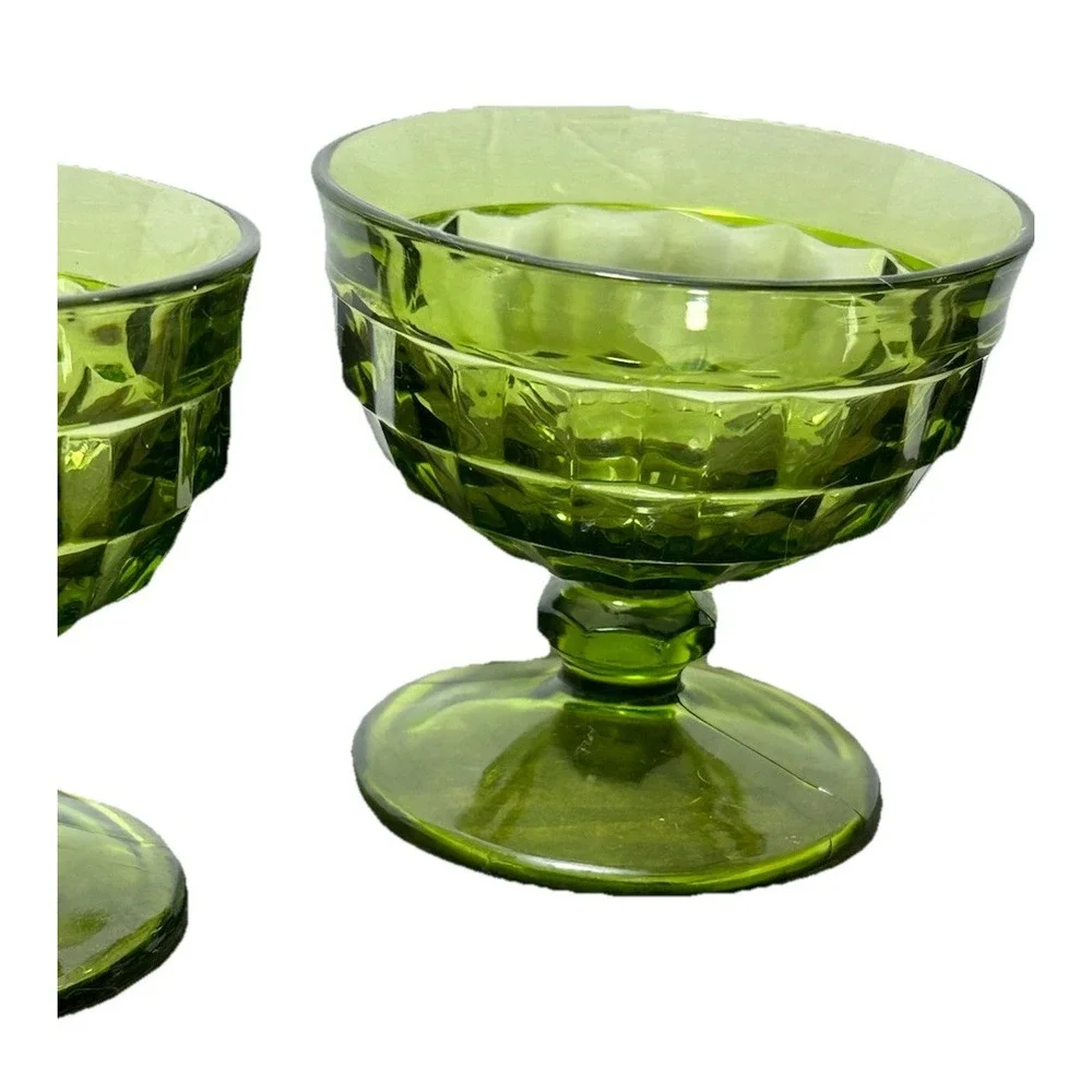 Green Glass Dessert Goblets Footed Cubist Bowls Mid Century VTG Indiana Glass